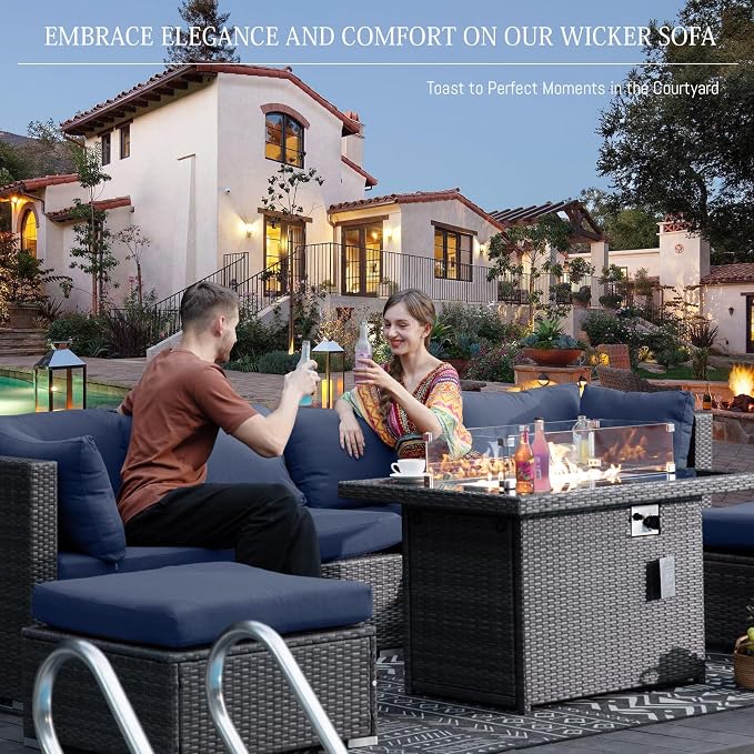 BULEXYARD 13 Piece High Back Outdoor Furniture Sets with Fire Pit, Luxury Patio Sectional Couch Sofa 12-Seater Modular, Comfortable Extra Large Wide Deep Backyard Seating Conversation Set, Grey & Blue