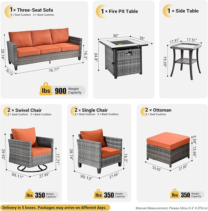 ovios 9 Pieces Patio Furniture Set with Square Fire Pit Table, Outdoor Swivel Rocking Chairs, High Back Wicker Rattan Conversation Set for Deck Porch, Orange Red