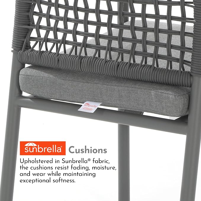 Modern Shade Riviera Outdoor Dining Chairs Set of 6, Fade Resistant, All-Aluminum Woven Rope Outdoor Chairs with FSC Teak Wood Armrests, Weather-Resistant Patio Chair with Quick Dry Cushion, Gray