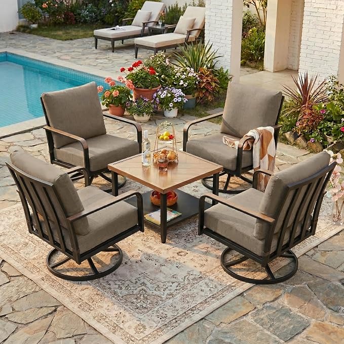 NATURAL EXPRESSIONS Patio Furniture Sets,Modern Metal Outdoor Conversation Sofa Set with 4 Pc High Back Swivel Rocking Chairs,Anti-Scald Armrest,Double-Deck Wooden-GrainTable, 6" Cushions for Balcony