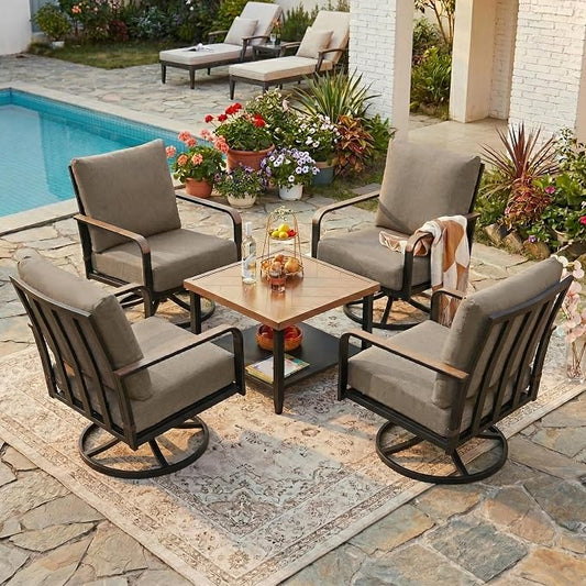 NATURAL EXPRESSIONS Patio Furniture Sets,Modern Metal Outdoor Conversation Sofa Set with 4 Pc High Back Swivel Rocking Chairs,Anti-Scald Armrest,Double-Deck Wooden-GrainTable, 6" Cushions for Balcony