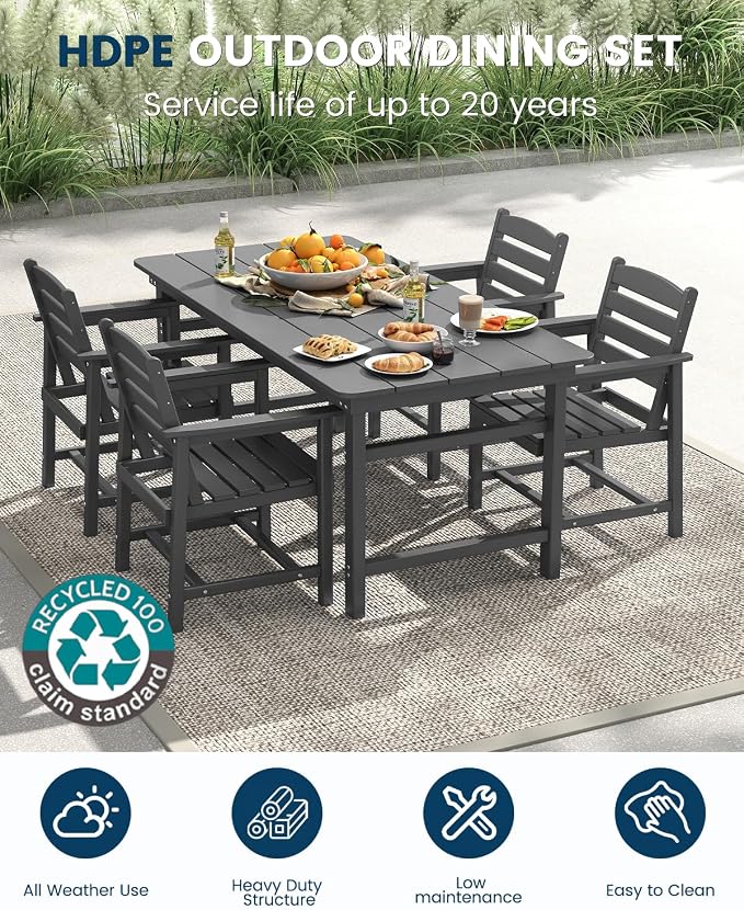 FOOWIN Outdoor Table and Chairs Set 5-Piece HDPE All Weather Patio Dining Set with Umbrella Hole,Outdoor Patio Furniture Dining Set for 4,Patio Kitchen Table Set for Garden,Backyard,Poolside Grey
