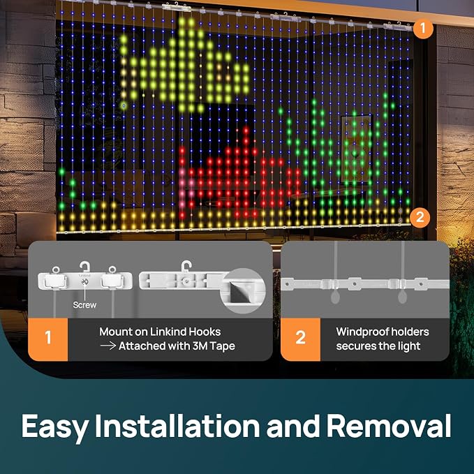 Linkind Smart Curtain Lights - APP Control, AI Pattern GIF Display, Works with Alexa Google Home, 400 LEDs Color Changing Lights Outdoor Indoor Fourth of July American Flag Lights, 4.9×4.5ft