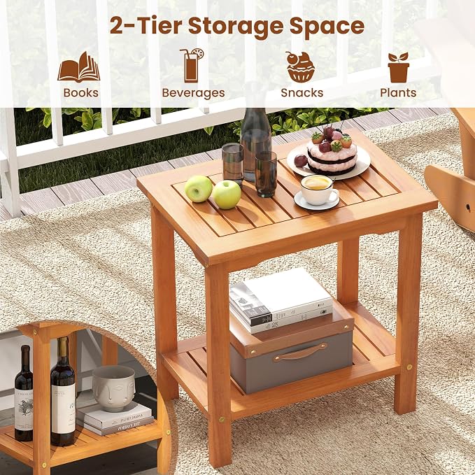 Tangkula Outdoor Side Table, 2-Tier Patio End Table with Slatted Tabletop & Storage Shelf, Acacia Wood Accent Bistro Table for Backyard, Poolside, Garden, Indoor, Natural (1)