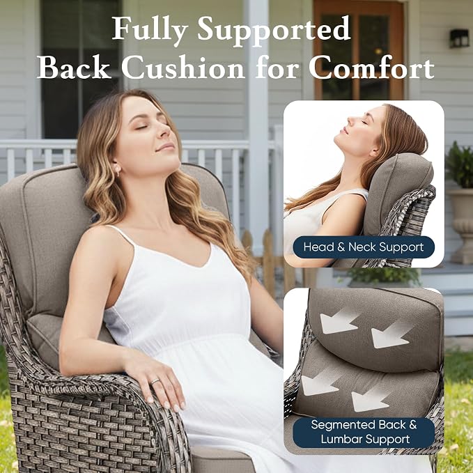 Belord Luxury 6" Thick Cushioned 5 Pieces Patio Furniture Set with 2 Ottomans, Wicker Outdoor Conversation Set with High Back Swivel Rocker Patio Chairs for Deck Porch Yard and Poolside - Grey+Grey