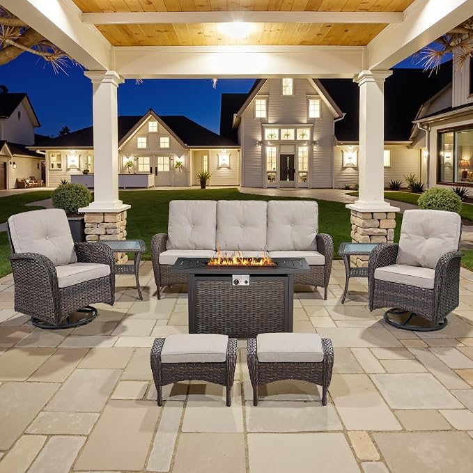 Belord 8 Piece Patio Furniture Set with 50000 BTU Propane Fire Pit Table, Outdoor Conversation Set with 2 Swivel Rocker Chairs Wicker Sofa and Ottomans for Casual Gatherings Beige Cushion