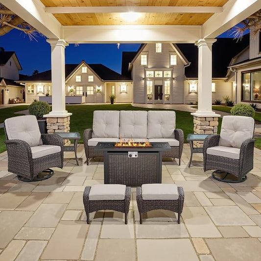 Belord 8 Piece Patio Furniture Set with 50000 BTU Propane Fire Pit Table, Outdoor Conversation Set with 2 Swivel Rocker Chairs Wicker Sofa and Ottomans for Casual Gatherings Beige Cushion