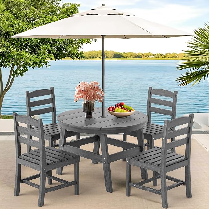 5 Piece Round Outdoor Dining Set, Relaxing HDPE Outdoor Table and Chairs with 105° Ergonomic Backrest, All-Weather Patio Table and Chairs Set with Umbrella Hole for Porch, Poolside, Gray