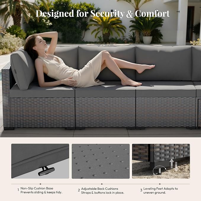 WWR Patio Furniture Set 7 Piece - All-Weather - Wicker Rattan Patio Outdoor Conversation Set, Modular Sectional Sofa for Backyard, Garden, Poolside, Balcony, Porch, Patio, Brown/Dark Gray