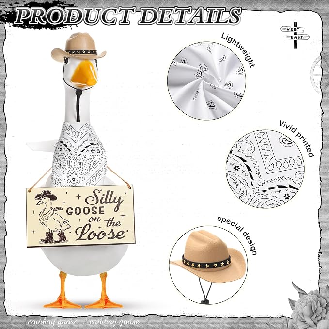 Funny Porch Goose Outfit Decoration Set Silly Goose on The Loose Hangings Sign Cowboy with Outfit Cowboy Hat Bandana for 23" Cement/Plastic Outdoor Statue Patio Yard Lawn Art(White,Khaki)