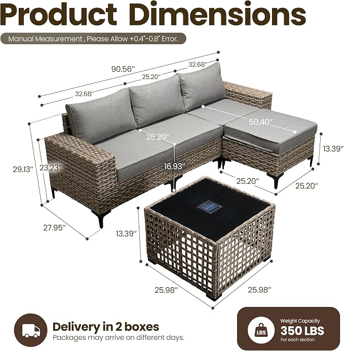 5-Piece Wicker Outdoor Sectional Furniture, Wide Armrest L-Shaped Patio Couch Set with Ottoman Thick Cushion, Modular Conversation Sets with Solar Table for Backyard Porch Balcony, Dark Gray