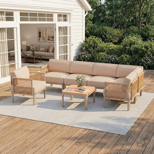 EROMMY 7 Pieces Patio Sectional Furniture Set, Metal Frame Outdoor Conversation Set with Single Seat, 6" Thick Cushions & Coffee Table, All-Weather Sofa for Poolside, Deck & Backyard, Beige