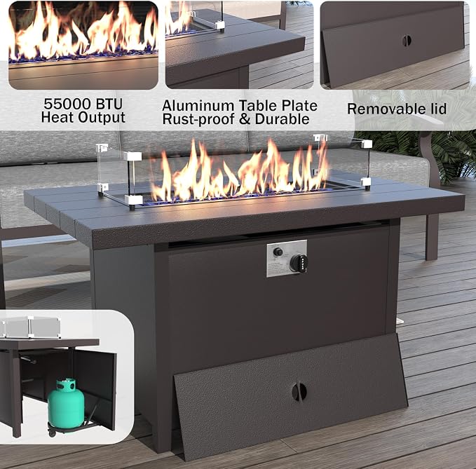 ALAULM Aluminum Patio Furniture Set with Propane Fire Pit Table 9-seat Metal Outdoor Furniture w/Swivel Chairs Patio Sectional Sofas w/2 Ottomans for Porch, Backyard, Poolside-Grey