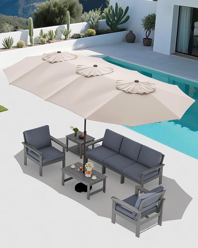 SERWALL HDPE Outdoor Couch with Coffee Table & Side Table & 15FT Umbrella