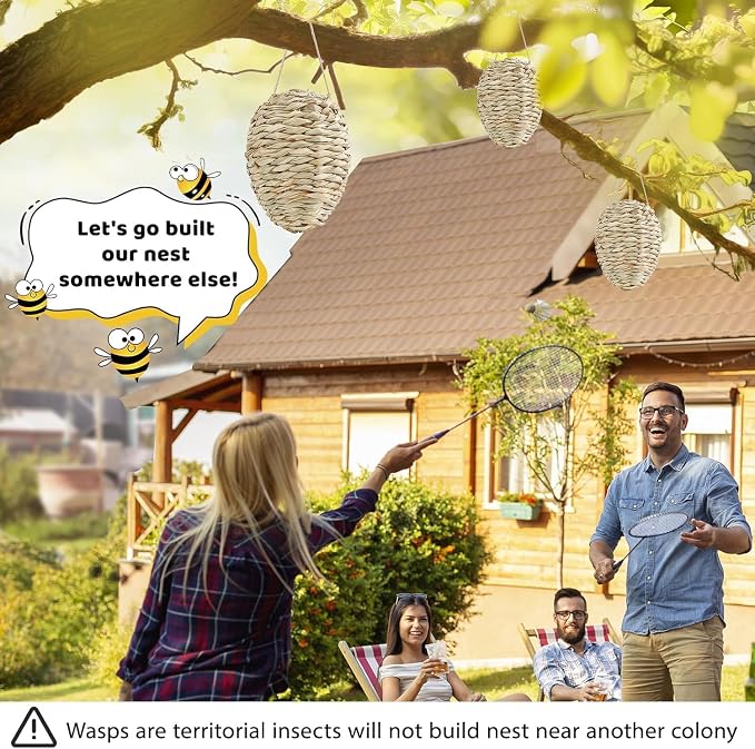 2 Pack Large Fake Wasp Nest Decoy, Woven Reed Wasp Hornet Decoys, Waterproof Faux Hornets Nest, Outdoor Hanging Decoration for Patio, Garden, Eaves