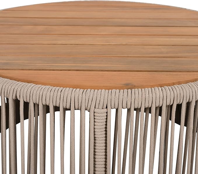 IRONORA Round Outdoor Coffee Table, Acacia Wood Top with Rope Woven Base, 26 Inch Diameter, Outdoor Side Table for Patio, Garden, Weather Resistant Patio Furniture