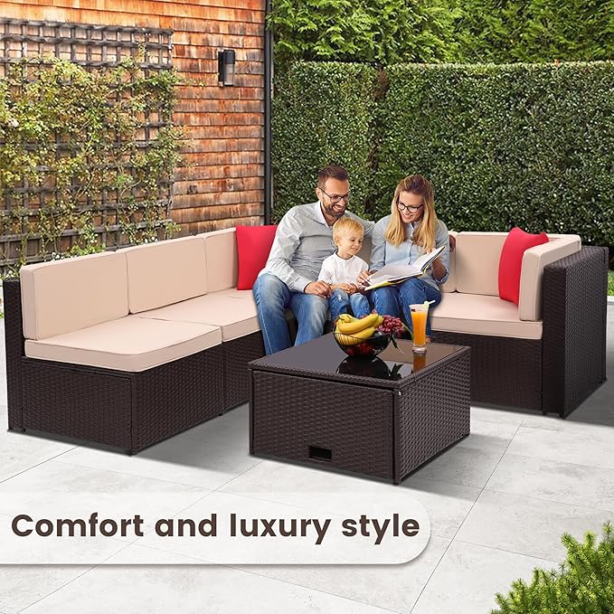 KROFEM 8 Piece Patio Furniture Set, Outdoor Modular Conversation Set, Beige | UV Treated Wickers, Machine Washable Cushions, Seats 6, 2 Hidden Storage Compartments, Rustproof Frame, Waterproof