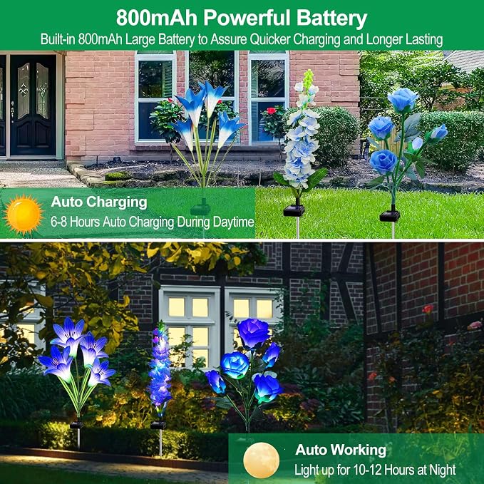 MRHEPHAESTUS Solar Garden Lights Waterproof, 3 Pack Solar Flowers Lights Includes Lily Rose Delphinium, Gardening Gifts for Mom Grandma Women,7-Color Changing Outdoor Decor for Garden Yard Patio Lawn