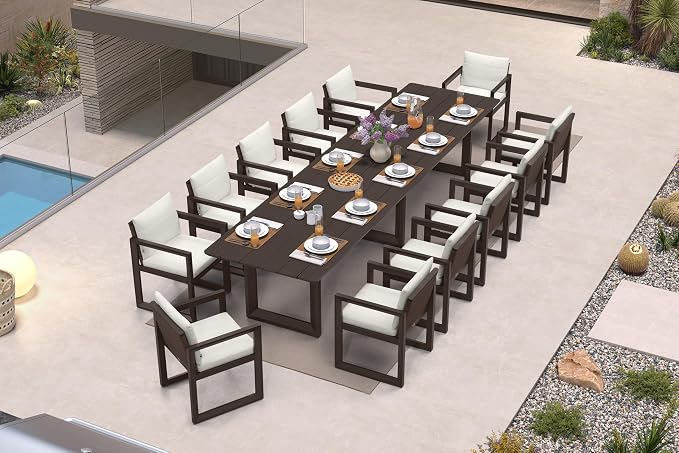 PURPLE LEAF Outdoor Dining Set for 12 Aluminum Oversize Patio Furniture Table and Chairs Set with All Weather Thick Cushion Rectangular Patio Dining Sets for Large Backyard Garden Poolside, Bronze