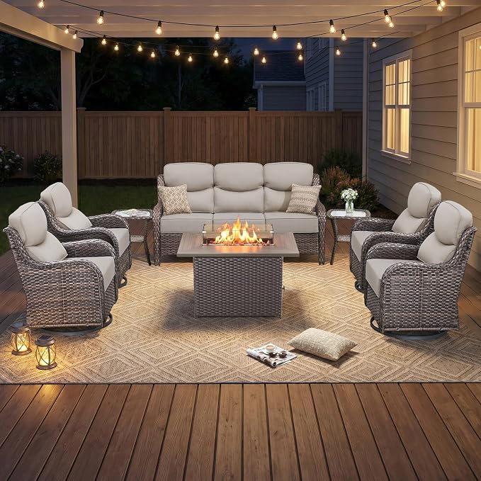 Luxury Swivel Rocker Chairs Fire Pit Set with 6" Thick Cushion 8 piece Wicker Outdoor Patio Chair with Sofa and Side Table,Comfortable High Back Outdoor Patio Furniture Set - Brown | Beige