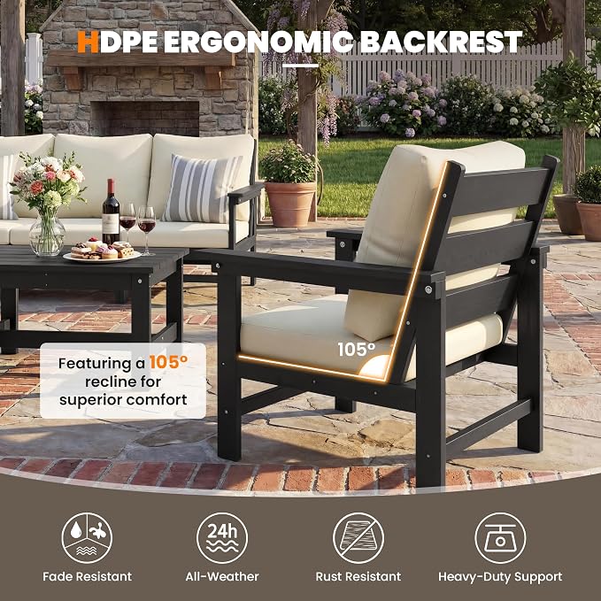 UDPATIO 6 Pieces Patio Furniture Sets HDPE Outdoor Furnitue Modular Sofa Set with Cushion All Weather Conversation Set for Deck Yard Garden Poolside