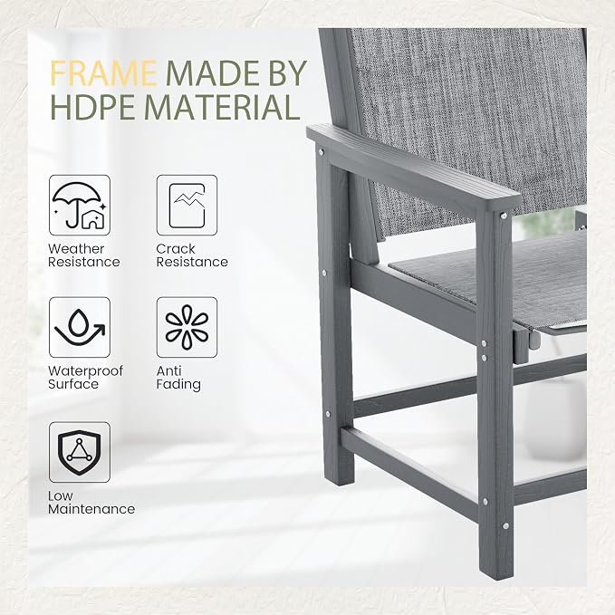 UDPATIO HDPE Patio Dining Chairs Set of 2 with Teslin Fabric Heavy Duty Outdoor Chairs All-Weather Resistant Seating for Poolside, Deck, Garden, Backyard, Light-Grey