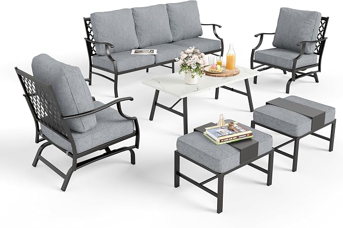 MIXPATIO Patio Furniture Set 6 pcs, Outdoor Patio Furniture, 3-Seat Sofa, 2 Rocking Chairs, 2 Ottomans, Coffee Table and 5.75" Extra Thick Cushion, Patio Conversation Set for Backyard Deck,Grey