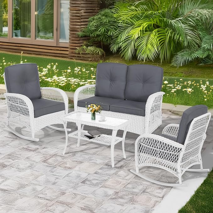 MEETWARM 4 Pieces Outdoor Wicker Patio Conversation Sets with Glider Loveseat, 2 Chairs with Coffee Table Wicker Rocking Chair Set, Patio Furniture Set with Thickened Cushions, White/Grey