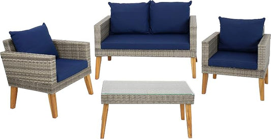 Sunnydaze Patio Furniture Set – 4 Piece Outdoor Conversation Set with Removable Cushions, Wicker Rattan Outdoor Loveseat and Chair Set for Backyard and Patio – Navy Blue