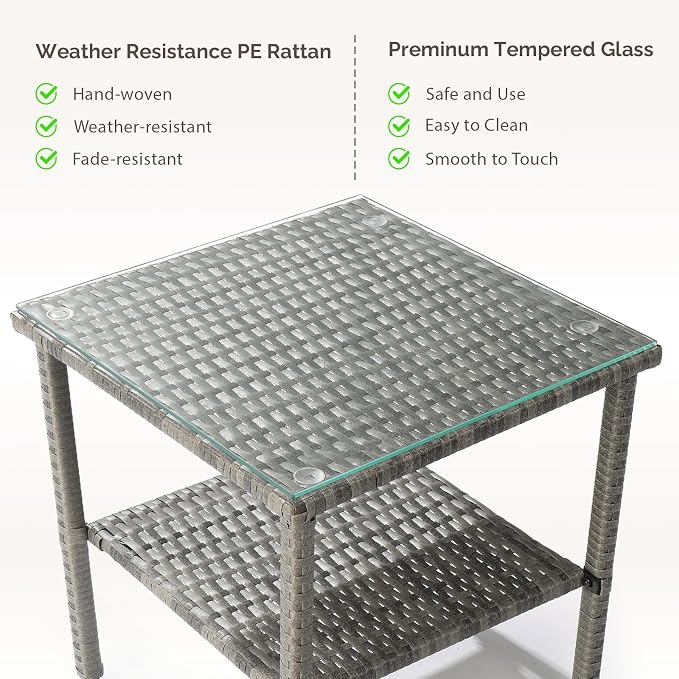 Outdoor PE Wicker Side Table with Storage, Patio Rattan End Table Square Glass Top Table for Furniture Gardening Tools