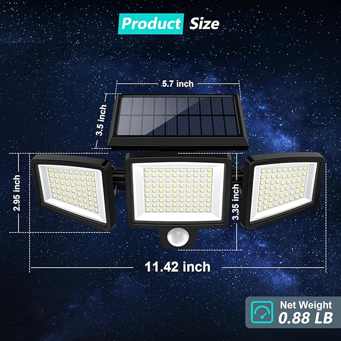 Tuffenough Solar Outdoor Lights 2500LM 210 LED Security Lights with Remote Control,3 Heads Motion Sensor Lights, IP65 Waterproof,270° Wide Angle Flood Wall Lights with 3 Modes(1 Packs)