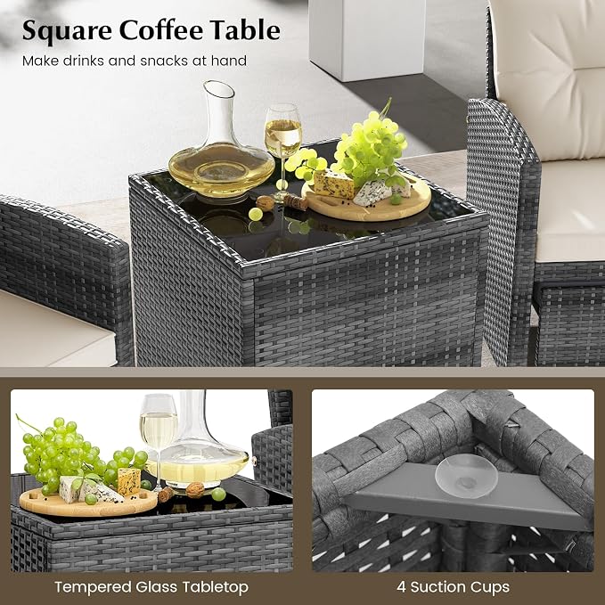COSTWAY 5-Piece Rattan Conversation Set, Outdoor Wicker Sofa, Tempered Glass Coffee Table & Ottomans for Small Space, Boho Chic Indoor/Outdoor Furniture Set for Poolside, Backyard, Deck (White)