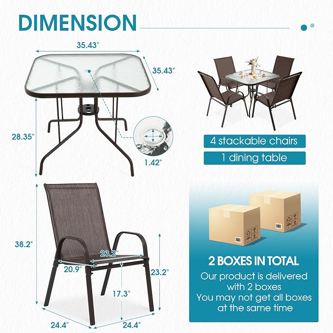 5 Piece Patio Dining Set with Wider 24.4" Stackable Chairs, Outdoor Dining Set for 4 with 36"*36" Table, Brown Metal Frame and Brown Textilene