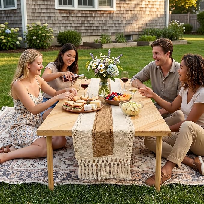 Boho Picnic Table, Portable Low Floor Sitting Table, Outdoor Folding Low Picnic Table for 6 Person, Wooden Low Table with Table Runner for Backyard, Beach, Camping, Wedding