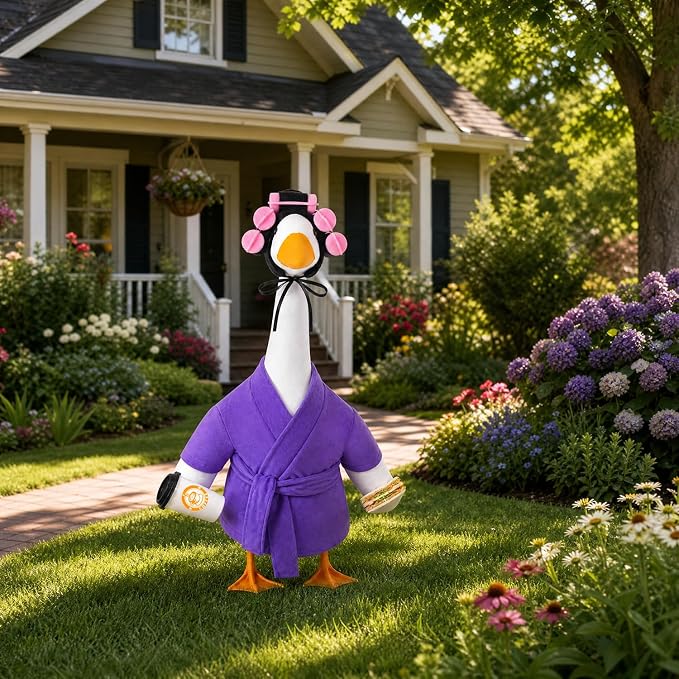 Lady Porch Goose Bathrobe Outfits Fits 23" Concrete Goose Statue | Funny Winter Porch Goose Outfit Old Lady Geese Costume with Curlers Coffee Cup for Outdoor Yard Garden Patio Decor(Violet)