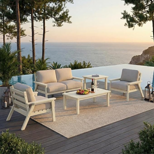 HDPE 6 Piece Patio Furniture Set, Outdoor Couch with Washable Thick Beige Cushions & Coffee Table & Side Table, Outdoor Sectional Furniture for Backyard, Deck, Lawn, Porch (White Frame)