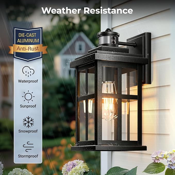 Large Motion Sensor Outdoor Light, Black Porch Light Dusk to Dawn, Waterproof Outdoor Motion Sensor Light, Anti-Rust Outside Lights for House, Garage, Doorway, Porch, 100% Aluminum