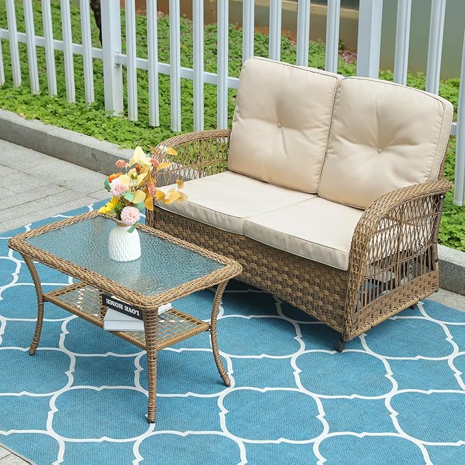 2 Piece Outdoor Wicker Gliding Loveseat Set, Patio Conversation Furniture Sets with 2-Seater Glider Rocking Bench, Glass-Top Coffee Table and Cushions for Porch Garden Poolside
