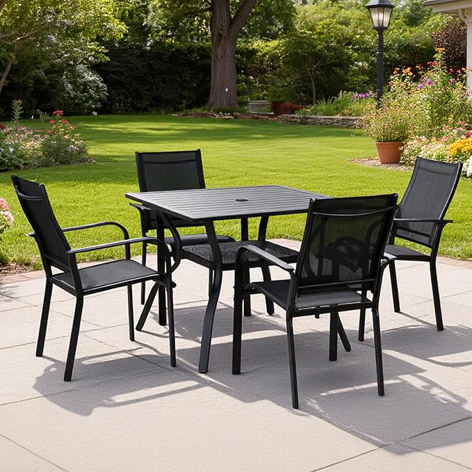 5-Piece Outdoor Dining Set, Patio Furniture Set with 4 Regular Chairs, Patio Dining Set with 1 Rectangular Table for Garden, Backyard, Poolside, Deck, Black
