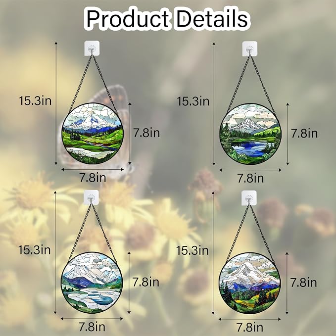 DASTOLL Stained Glass Window Hanging 4 Pcs Set Mountains Lake Green White Landscape 7.8" - Suncatcher Door Garden Sun Catcher Decor Birthday Christmas for Mom Woman Nana Men