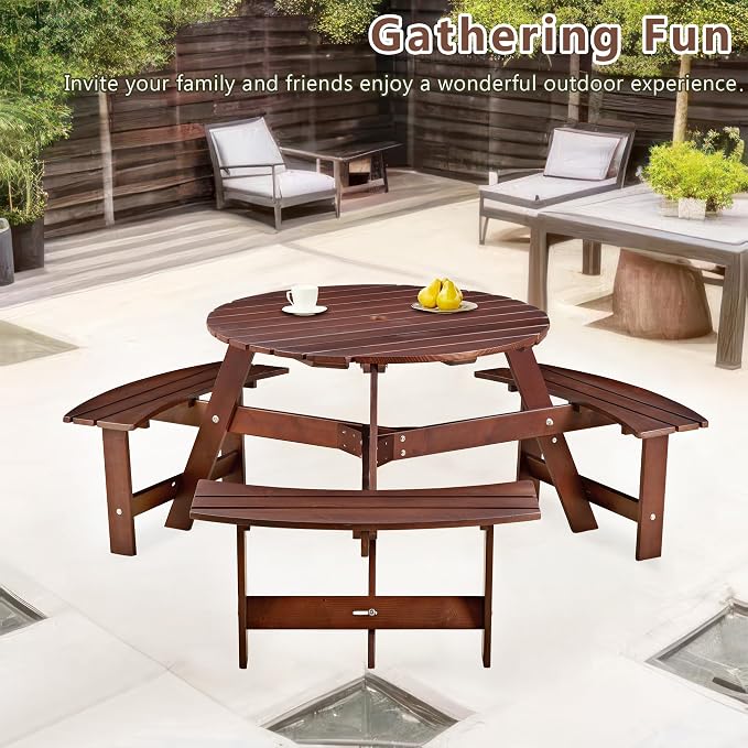 6 Person Wood Picnic Table, Outdoor Round Dining Table with 3 Built-in Benches, Umbrella Hole, Outside Patio Backyard Table and Bench Set, 500lbs Capacity Per Bench(Brown)