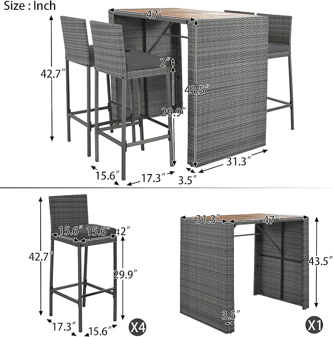WILLIAMSPACE Patio Bar Table Set of 5, Outdoor Wicker Height Bar Table & 4 Chairs with Cushions & Wood Tabletop, Bistro Set for Backyards Porches (Brown+Grey)