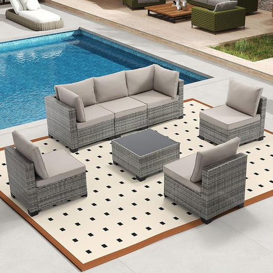 Bonzy Home 7 Pieces Outdoor Patio Furniture Set, PE Rattan Outdoor Sectional Furniture Sofa Set with Removable Cover and Glass Coffee Table, Patio Sofa for Balcony, Porch, Garden, (Grey-Grey)