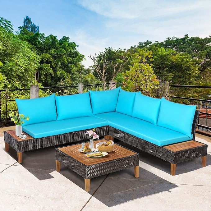 4 Pieces Patio Rattan Furniture Set Modular Patio Furniture Set Sectional Wicker Sofa Set Cushioned Loveseat with Wooden Side Table