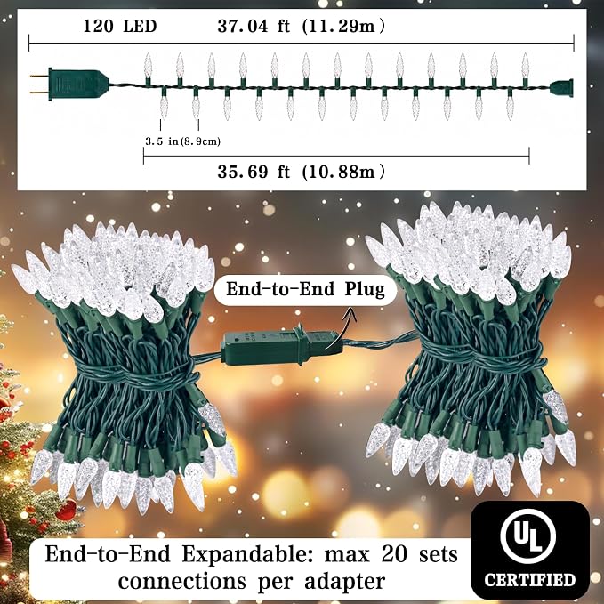 Heyworld C6 Gentle Twinkle Christmas Light, 120 LED Soft Twinkling Strawberry Lights, UL Certified 37FT Waterproof Connectable for Indoor Outdoor Xmas Tree Wedding Party Decor（Warm White）