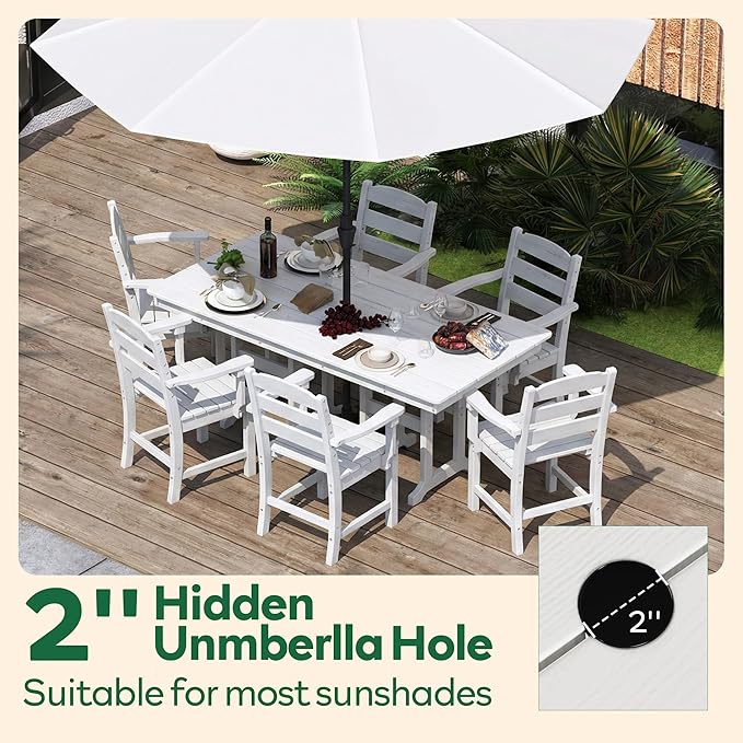 HOPUBUY 5 Pieces Patio Dining Set for 4, 71" HDPE All-Weather Patio Table and Chairs Set with Umbrella Hole, Durable Outdoor Furniture Set for Garden, Backyard, Lawn & Poolside (White)