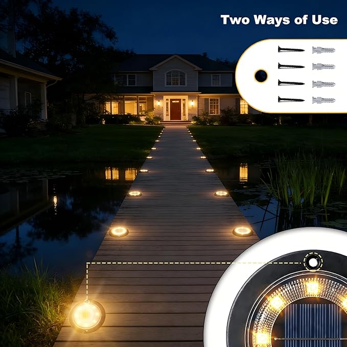 Solar Lights Outdoor Waterproof，Warm White 8 Pack 2-in-1 Ground Lights | Solar Powered Lights Outdoor Solar Disk Light Landscape Light for Deck Step Patio Yard Pathway Walkway Driveway Garden
