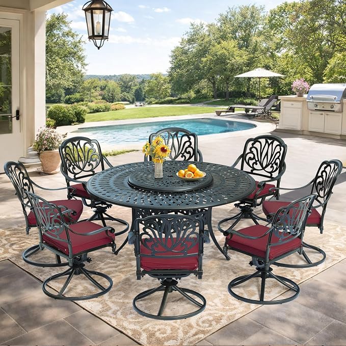 VIVIJASON 9-Piece Patio Dining Set, Rust-Free Cast Aluminum Outdoor Conversation Set, Includes 8 Swivel Dining Chairs & 61" Round Dining Table with 31" Lazy Susan, Umbrella Hole, Red