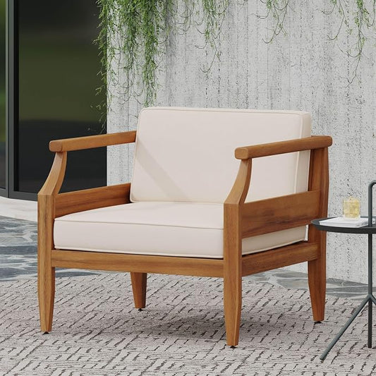 Patio Furniture Set-Single Chair, Outdoor Sectional Furniture with Armrests and Thick Washable Cushions, All-Weather Patio Conversation Set for Backyard, Garden and Poolside, Beige(Series E)