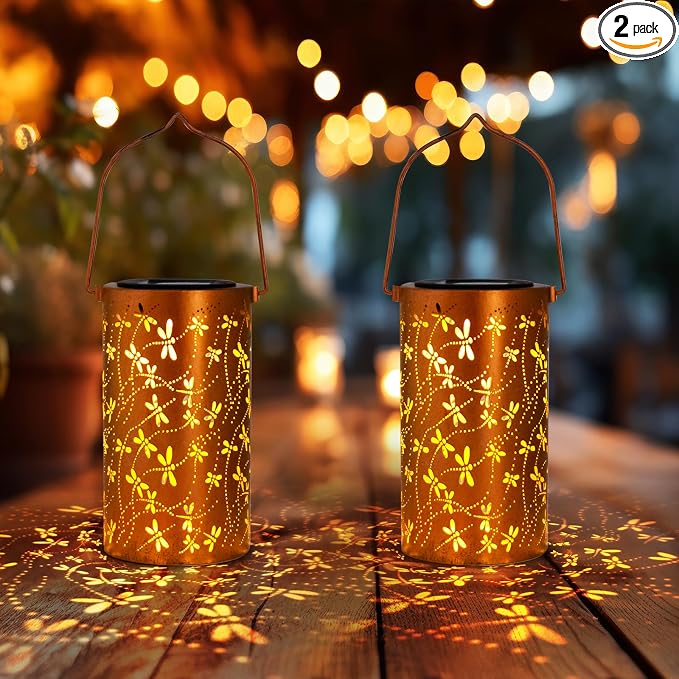 DIBIEECN Birthday Gifts for Women Mom Grandma Wife, Solar Lanterns Outdoor Waterproof, Metal Hanging Lights Garden Decor, LED Decorative Lantern for Patio Porch Backyard, Dragonfly, 2Pack